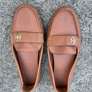 Tory Burch Tan Leather Penny Loafers with Gold Logo